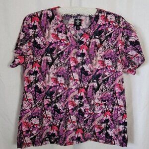 Med Couture Scrub Top Women's Small Abstract w/pockets medical blouse scrubs EUC
